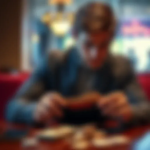 A man sitting at a table, staring at an empty wallet and a pile of bills, showing signs of frustration and disappointment.