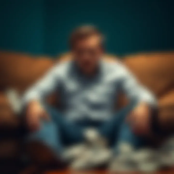 A man sits on a couch, looking stressed and anxious with bills scattered around him, symbolizing the emotional toll of gambling debt and loss.