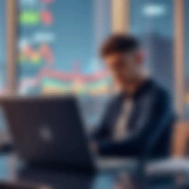 Man Reflecting on Financial Loss A young man sitting alone at a desk with a laptop, looking distressed after losing his savings in trading, symbolizing financial struggle.