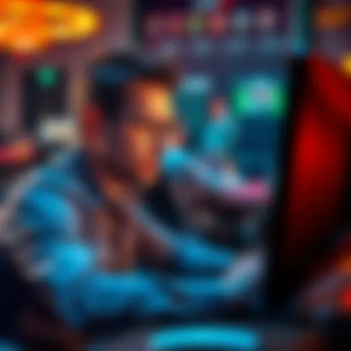 A man sits at a computer focused on an online blackjack game, showing concern and stress on his face as he faces losses.