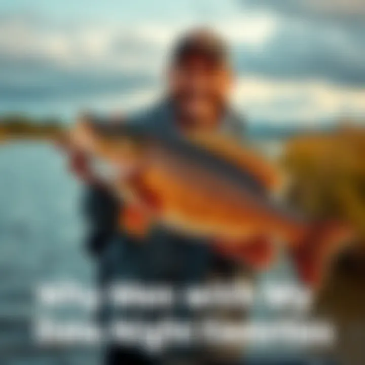 A man smiling while holding a large fish by a lake, showcasing his catch outdoors.