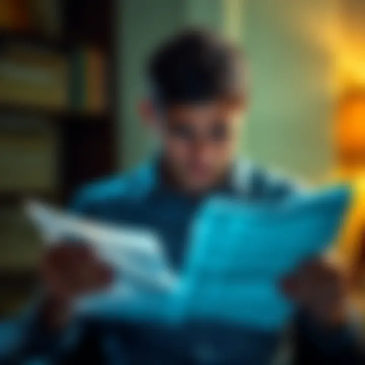 A 28-year-old man looks distressed while reviewing bills and financial statements, reflecting on his substantial debt and lost savings.