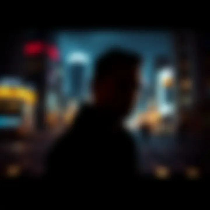 Man in Shadows A man partially hidden in shadows looking contemplative with a city backdrop
