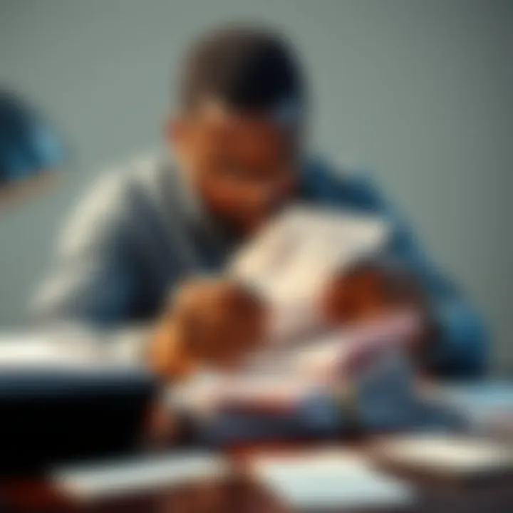 A frustrated black man examines a stack of unpaid bills on a table, reflecting his struggles with betting losses.