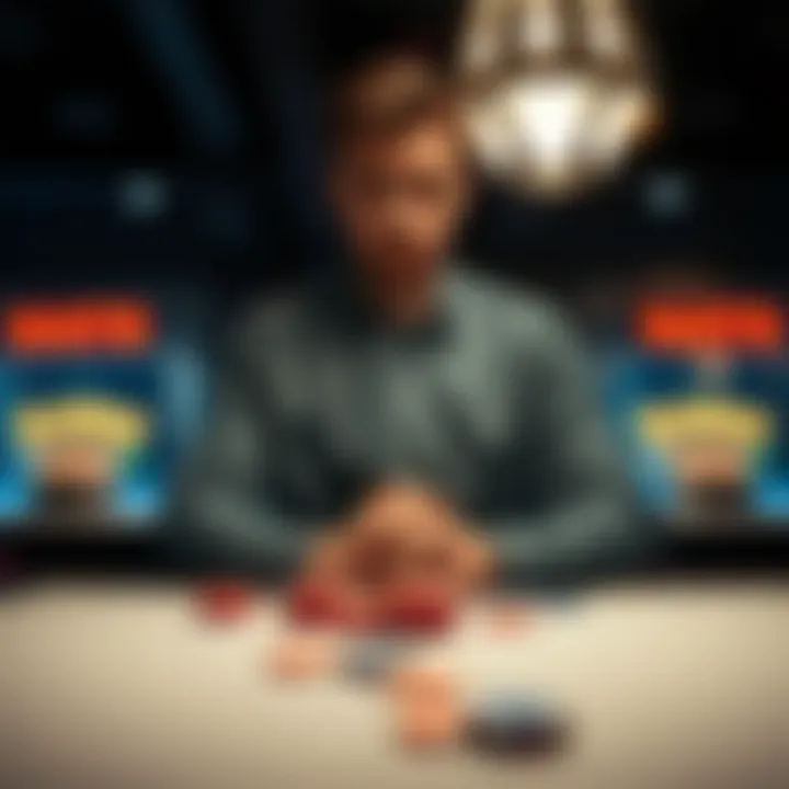 A man sits alone at a table, looking pensive and reflective about his gambling addiction, with casino chips scattered in front of him.