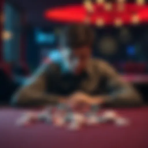 A young man sitting alone at a table, looking worried with gambling chips scattered around him, symbolizing his struggle with addiction.