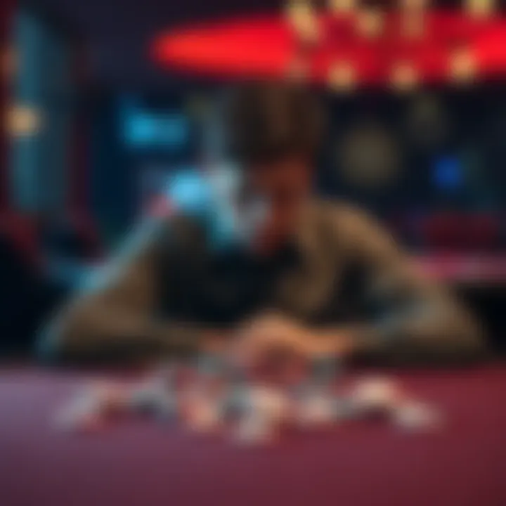A young man sitting alone at a table, looking worried with gambling chips scattered around him, symbolizing his struggle with addiction.