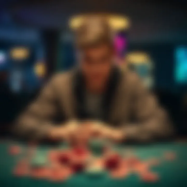 A man sits at a table, looking contemplative with poker chips scattered around, symbolizing the struggle of gambling addiction.