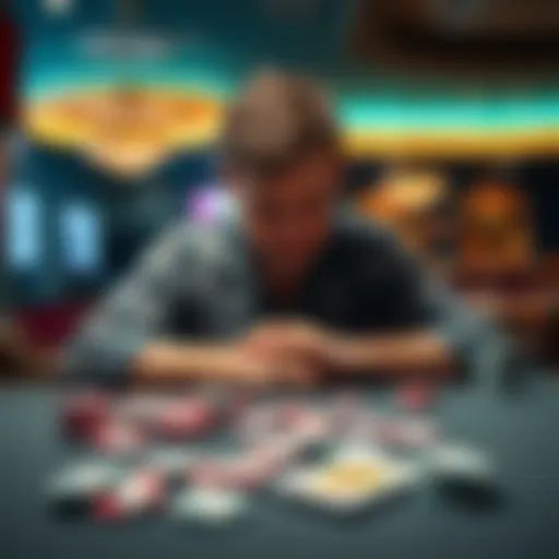 A 40-year-old man sits alone at a table, looking distressed as he stares at empty poker chips, symbolizing the loss from two decades of gambling.
