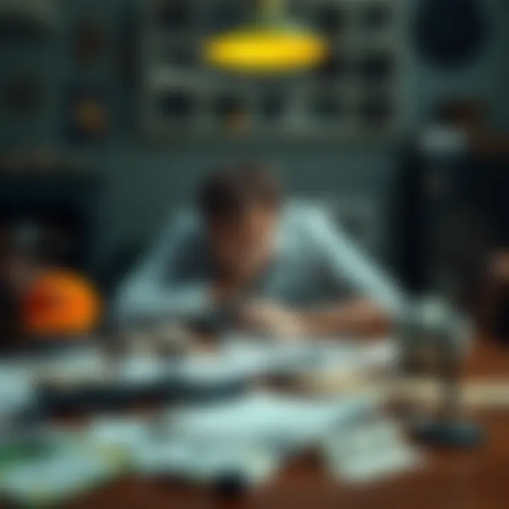 Man reflecting on gambling loss A somber man sits at a table, his head in his hands, surrounded by cricket memorabilia and betting slips, showing signs of distress over his gambling addiction.