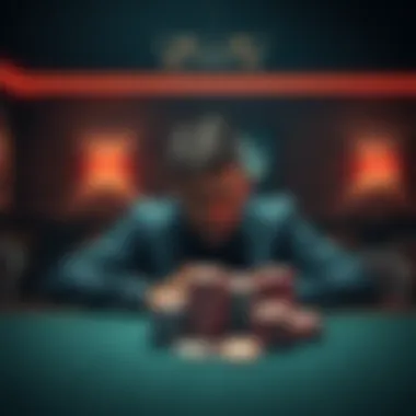 A somber man sits alone at a table with a stack of poker chips, looking lost and distressed, representing the struggles of gambling addiction.