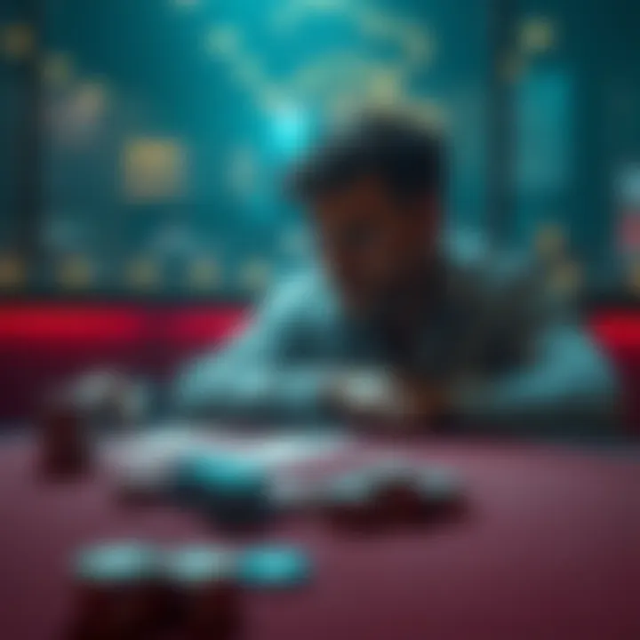 Man Reflecting on Gambling Losses A man sitting alone at a table with cards and chips, looking contemplative and regretful about his gambling past