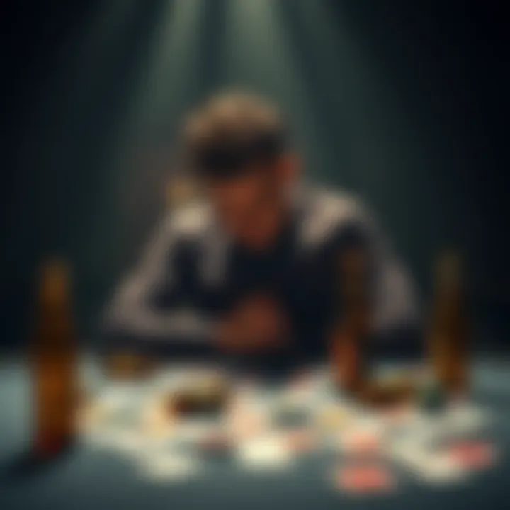 Man Reflecting on Loss A man sitting alone at a table, looking down in sadness as empty beer bottles and cards are scattered around, symbolizing the impact of gambling addiction.