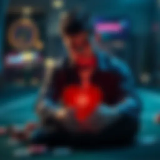 A young man sits alone with a sad expression, surrounded by empty gambling chips and a broken heart symbol, symbolizing regret and betrayal to loved ones.