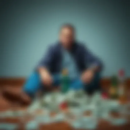 A man with a worried expression sitting on the floor, surrounded by unpaid bills and a few empty bottles, illustrating the impact of gambling addiction on his life.