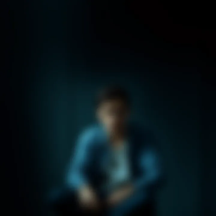 A young man with a worried expression sits alone in a dimly lit room, reflecting on his struggles with gambling debt and isolation while on deployment.