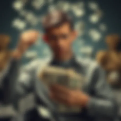 A worried man holding his head in despair, surrounded by bills and family photos, symbolizing financial stress after losing life savings in trading.