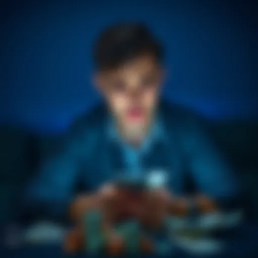 A worried young man sitting alone, looking at his phone with bills scattered around him, symbolizing gambling struggles and debt issues.