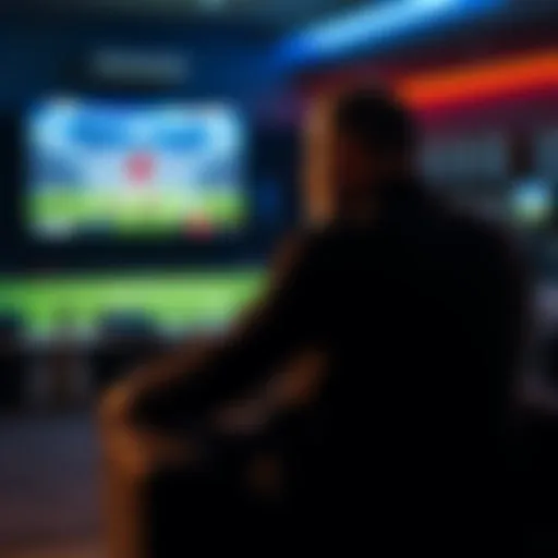 A man sits on a couch watching a World Cup match on TV, looking thoughtful as he struggles with the temptation to gamble again.