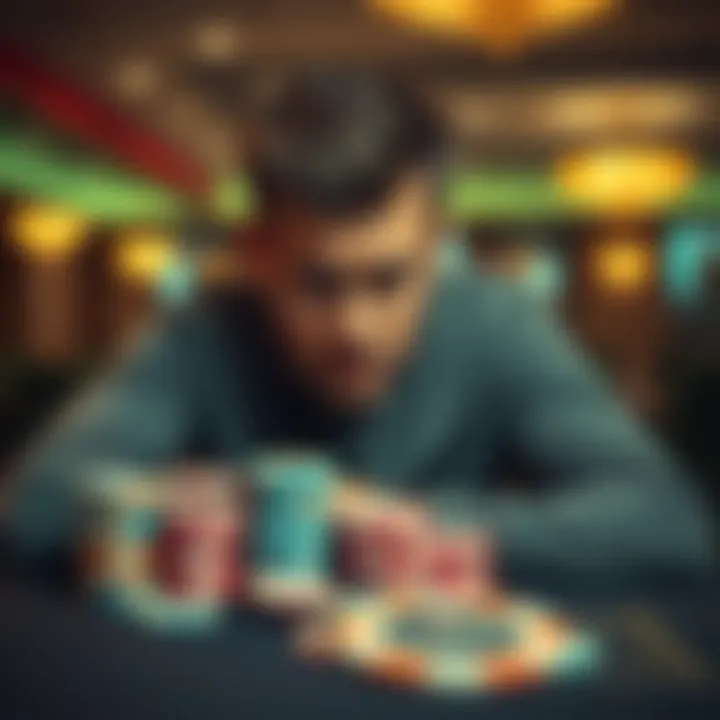 Man looking worried with a stack of casino chips A man sits at a table, looking frustrated and regretful with a pile of casino chips in front of him, reflecting on his gambling losses.
