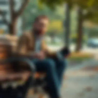 Man Looking Worried with Empty Wallet A man sitting on a park bench, looking worried while holding an empty wallet, symbolizing his gambling loss and risk of homelessness.