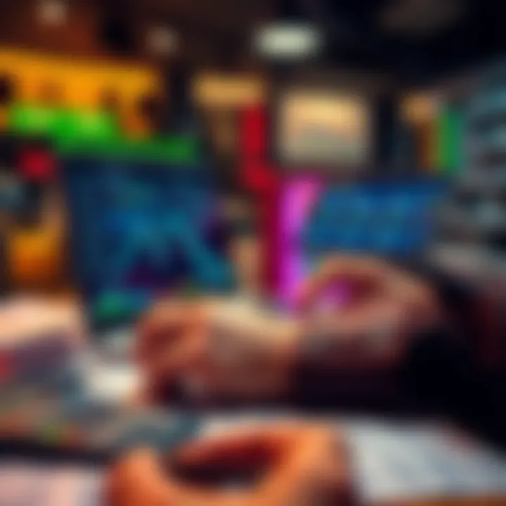 Managing Multiple Bookmakers A person using a laptop to track multiple bookmaker accounts, surrounded by betting slips and a calculator, illustrating efficient betting management.