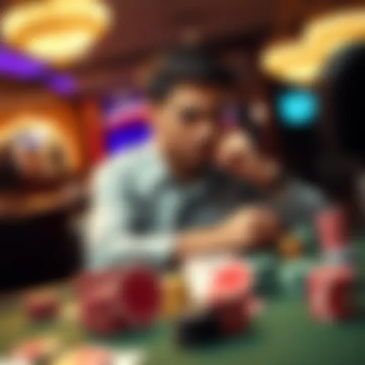 A person sitting at a table with poker chips and cards, looking thoughtfully at their bankroll while contemplating their next move in gambling.