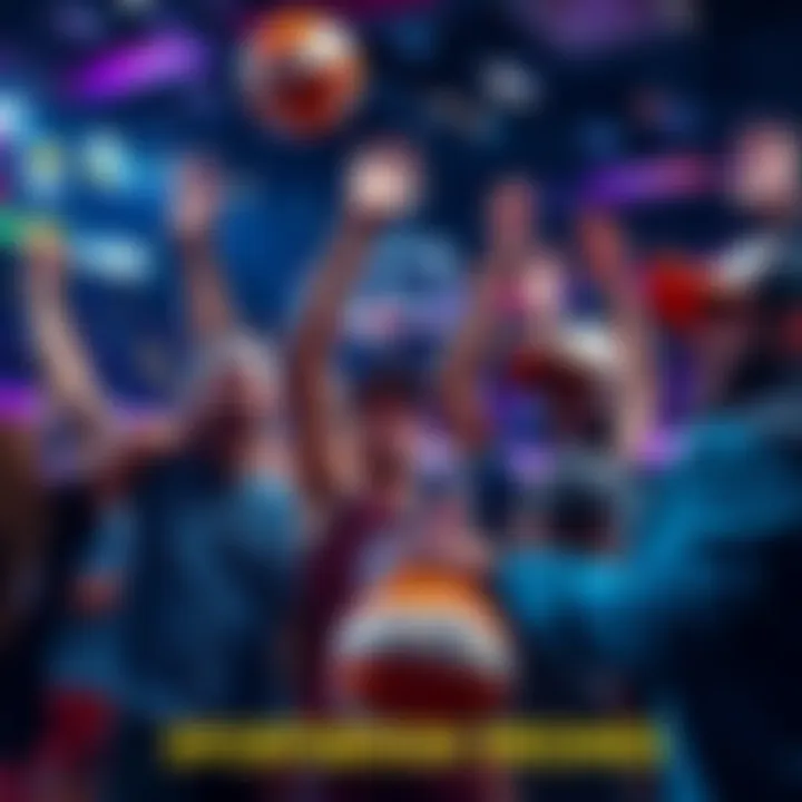 People celebrating with basketball gear and betting slips during March Madness.