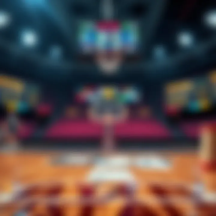 A basketball court with betting slips and odds displayed, showcasing strategies for March Madness betting.