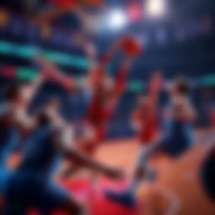 Exciting basketball action during a March Madness game with players competing fiercely for the championship