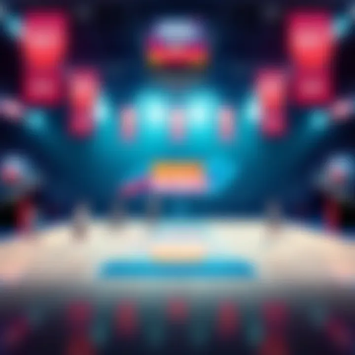 A vibrant basketball court with players in action, surrounded by promotional banners for March Madness deals