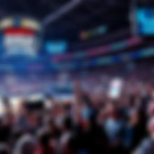 Crowd cheering at a basketball game during March Madness with signs and banners