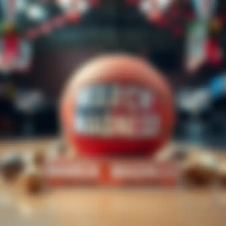 A basketball with festive decorations and promotional banners for March Madness deals