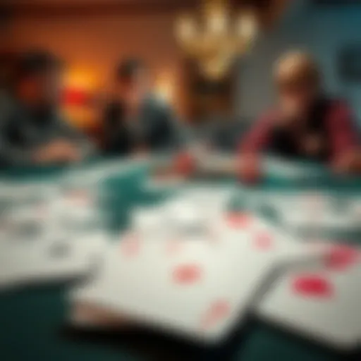 A close-up view of several marked playing cards spread out on a table during a home poker game, with concerned players in the background