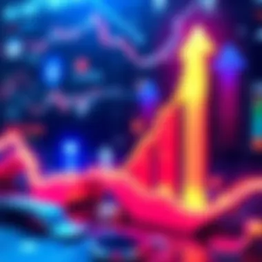 A graph showing a rising market trend with arrows pointing upward and various industry icons like tech, finance, and health around it.