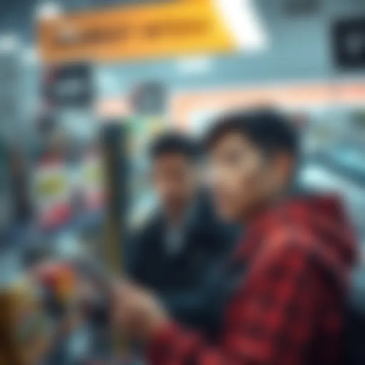 A person looking at a product for sale with curiosity, symbolizing market interest and demand.
