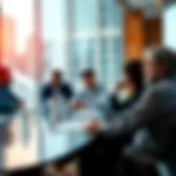 A group of investors discussing recent market slip trends at a conference table.
