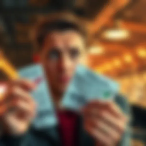 A person looks concerned while holding a lottery ticket and a toll receipt from Maryland, pondering the connection between the two states.