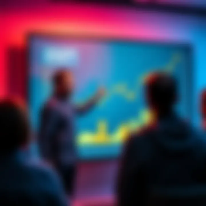 Mason stands in front of a large graph on a screen, pointing at key data points while explaining their importance to a small audience.