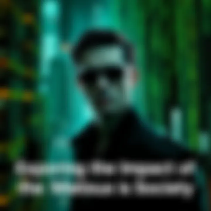 Character from The Matrix A character wearing sunglasses stands against a digital backdrop resembling a futuristic cityscape, symbolizing themes of reality and technology.
