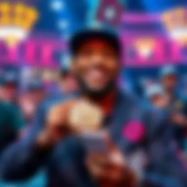 Maurice Hawkins holds his 25th poker ring, smiling with pride surrounded by fans and fellow players