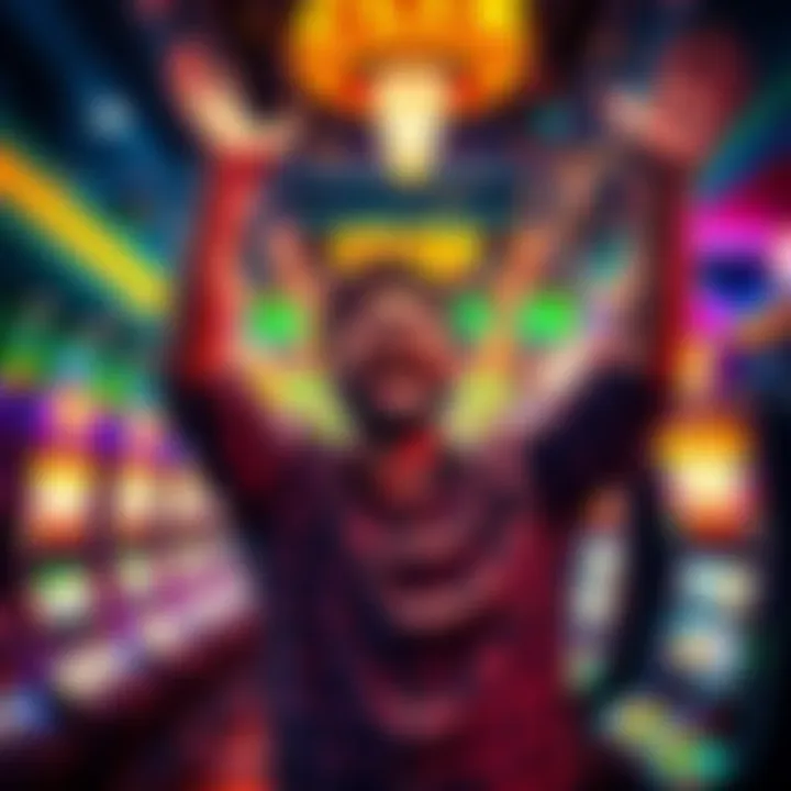 A joyful person celebrating a big win at a casino, surrounded by colorful lights and slot machines