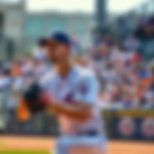 Pitcher Mazur preparing to throw during his second start against the Mets, with the crowd in the background