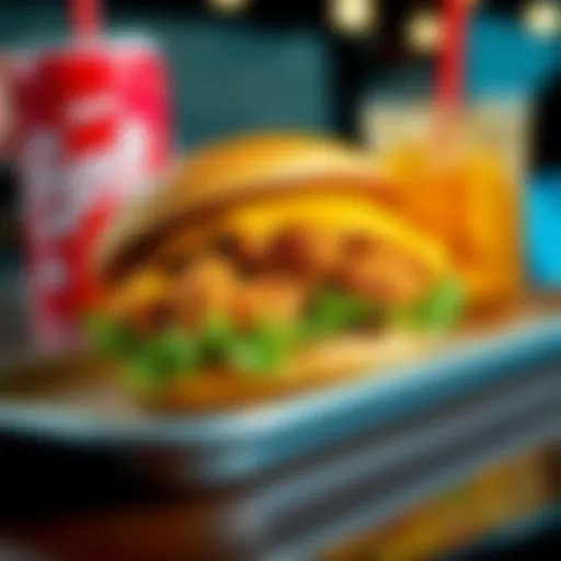 A McChicken sandwich with crispy chicken, lettuce, and mayo served on a tray with a soft drink in the background