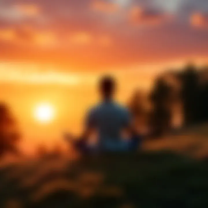 A person sitting cross-legged on a grassy hilltop, meditating peacefully with trees and a sunset in the background.