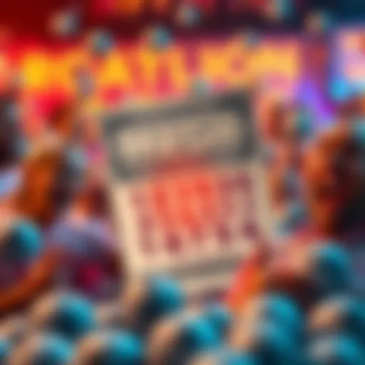 A close-up of a lottery ticket with the winning Mega Millions numbers highlighted, surrounded by excited players imagining their potential winnings.