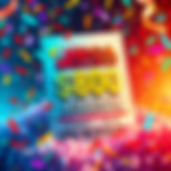 Illustration showing a Mega Millions ticket priced at $5 with a jackpot sign indicating $800 million, surrounded by colorful confetti and playful graphics.