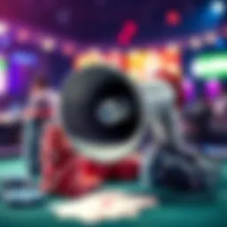 A megaphone placed next to poker chips and cards, symbolizing announcements during the World Series of Poker