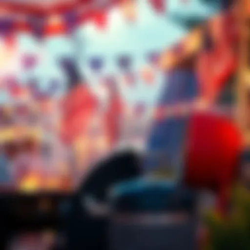 A festive scene with a red, white, and blue theme, featuring flags and a barbecue setting, symbolizing Memorial Day.