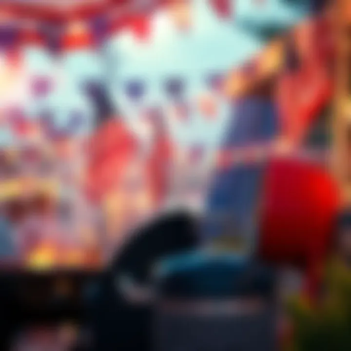 A festive scene with a red, white, and blue theme, featuring flags and a barbecue setting, symbolizing Memorial Day.